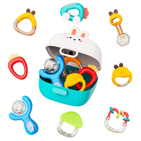 ESOLOM 8-Pack Cute Baby Rattle Toys With Rabbit-Themed Storage Box, 0+ Months Infant Rattles Set, Bright Colors & Fun Shapes (Steam Sterilizable), Engaging Textures, Durable Baby Shower Gift, Baby Rat