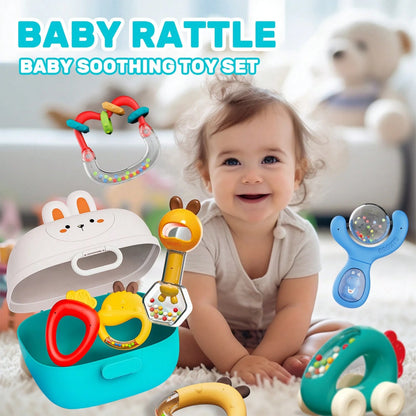 ESOLOM 8-Pack Cute Baby Rattle Toys With Rabbit-Themed Storage Box, 0+ Months Infant Rattles Set, Bright Colors & Fun Shapes (Steam Sterilizable), Engaging Textures, Durable Baby Shower Gift, Baby Rat