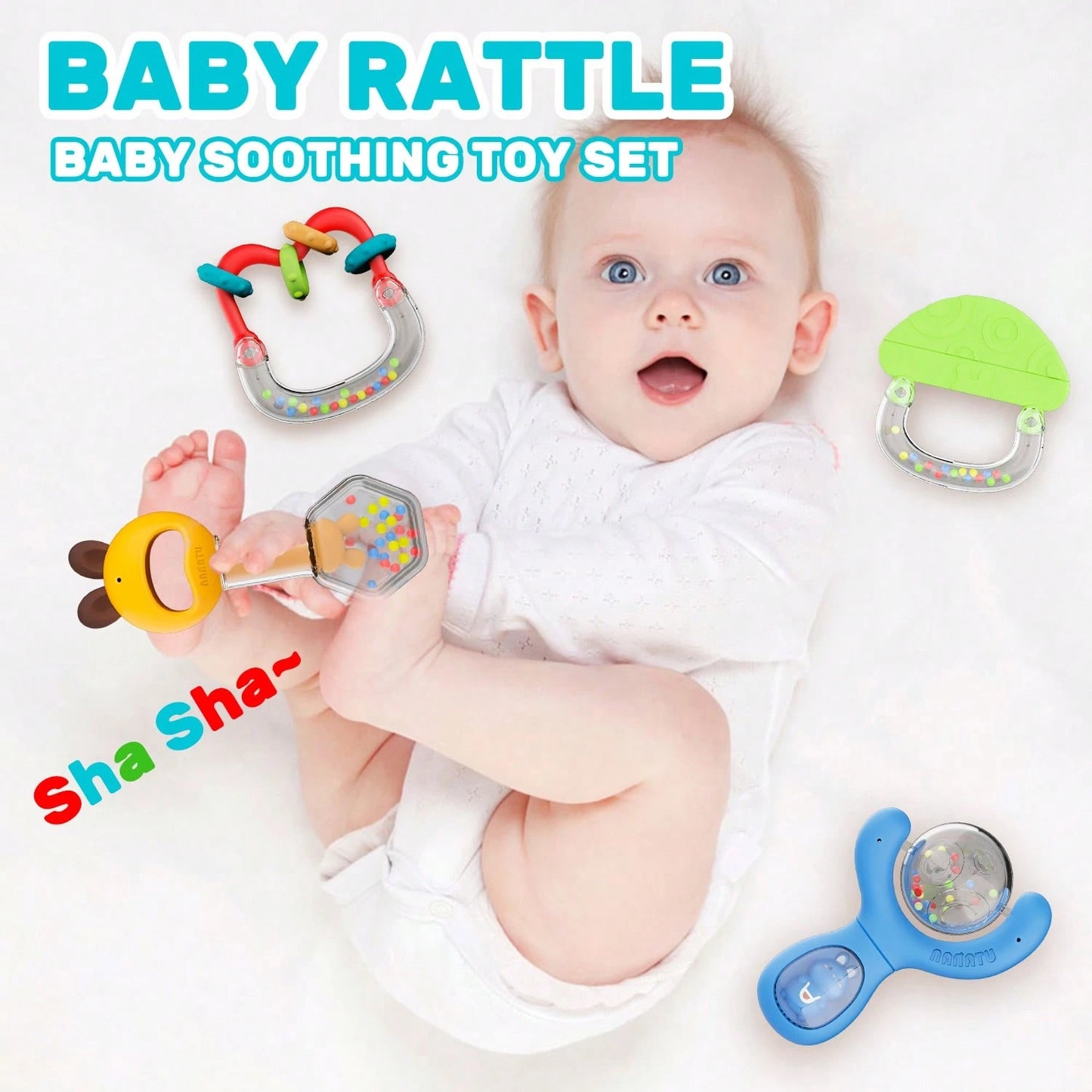 ESOLOM 8-Pack Cute Baby Rattle Toys With Rabbit-Themed Storage Box, 0+ Months Infant Rattles Set, Bright Colors & Fun Shapes (Steam Sterilizable), Engaging Textures, Durable Baby Shower Gift, Baby Rat