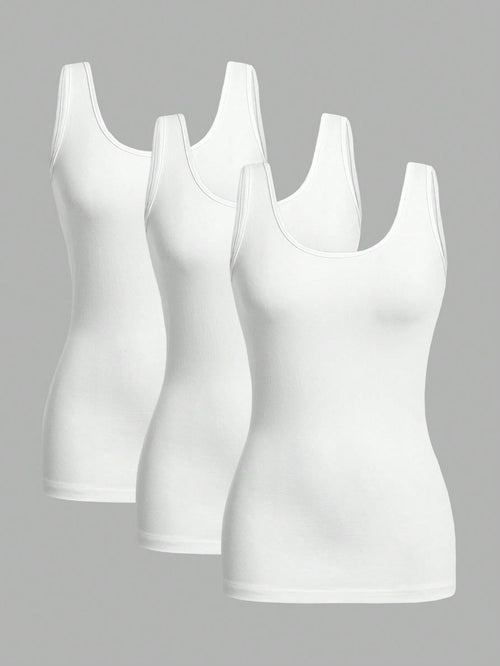 Essnce 3pcs Casual Minimalist Solid White Tank Tops, Suitable For Summer Wear, Slim Fit Round Neck Undershirt Beach