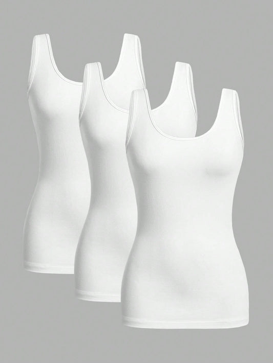 Essnce 3pcs Casual Minimalist Solid White Tank Tops, Suitable For Summer Wear, Slim Fit Round Neck Undershirt Beach
