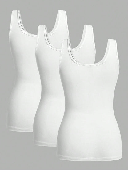 Essnce 3pcs Casual Minimalist Solid White Tank Tops, Suitable For Summer Wear, Slim Fit Round Neck Undershirt Beach