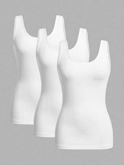 Essnce 3pcs Casual Minimalist Solid White Tank Tops, Suitable For Summer Wear, Slim Fit Round Neck Undershirt Beach