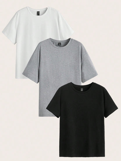 Essnce 4pcs Solid Color Round Neck Casual All-Match Tee, Versatile Plus Size Women T-Shirt For Summer