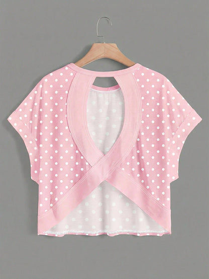 Essnce Plus Size Women Polka Dot Print Back Cutout Design Casual T-Shirt