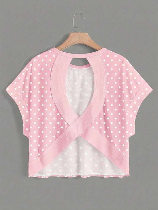 Essnce Plus Size Women Polka Dot Print Back Cutout Design Casual T-Shirt