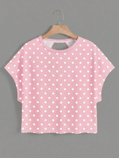 Essnce Plus Size Women Polka Dot Print Back Cutout Design Casual T-Shirt