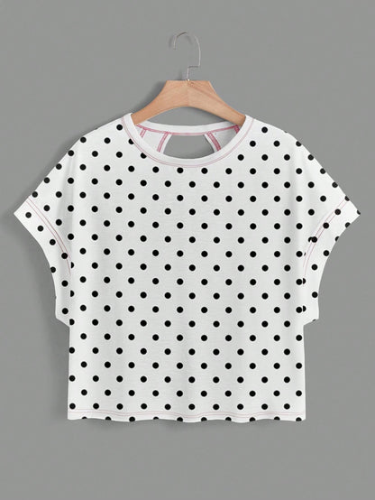 Essnce Plus Size Women Polka Dot Print Back Cutout Design Casual T-Shirt
