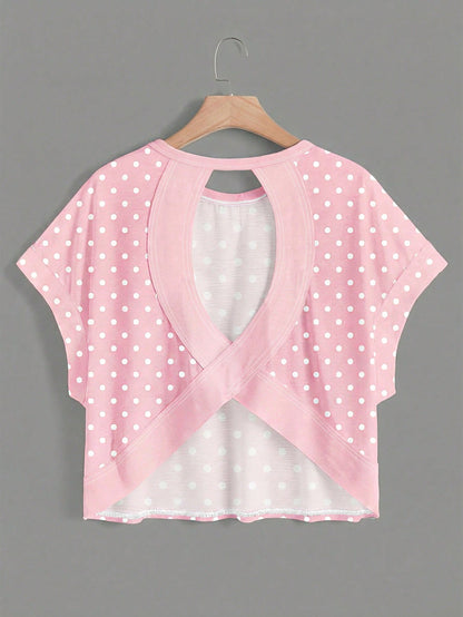 Essnce Plus Size Women Polka Dot Print Back Cutout Design Casual T-Shirt