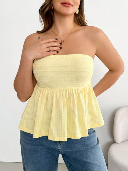 Essnce Plus-Size Women's Butter Yellow Strapless Top, Summer Casual Everyday Fashion Stretchy Comfortable Textured Fabric Basic Versatile Vacation Beach