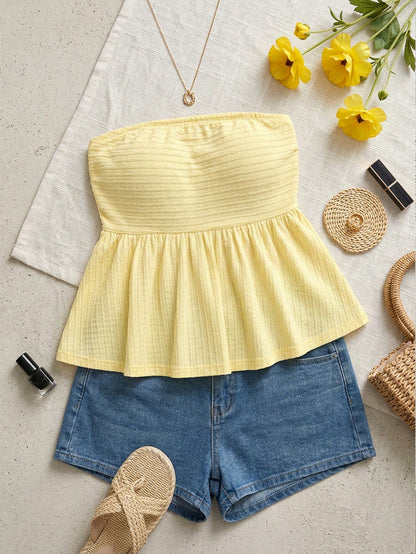 Essnce Plus-Size Women's Butter Yellow Strapless Top, Summer Casual Everyday Fashion Stretchy Comfortable Textured Fabric Basic Versatile Vacation Beach