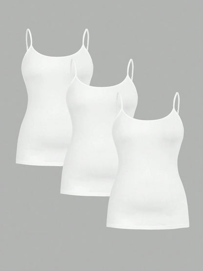 Essnce Plus Size Women's Casual Business Casual Comfortable Base Long Camisole All White 3 Packs, Summer Women Clothes, Curv Tops, Top Party Lounge Office