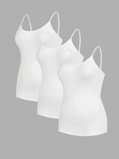 Essnce Plus Size Women's Casual Business Casual Comfortable Base Long Camisole All White 3 Packs, Summer Women Clothes, Curv Tops, Top Party Lounge Office