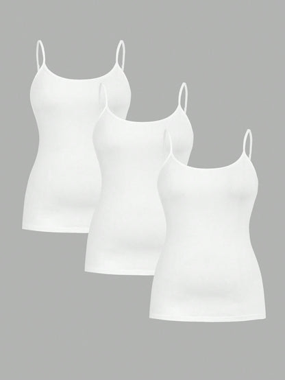 Essnce Plus Size Women's Casual Business Casual Comfortable Base Long Camisole All White 3 Packs, Summer Women Clothes, Curv Tops, Top Party Lounge Office