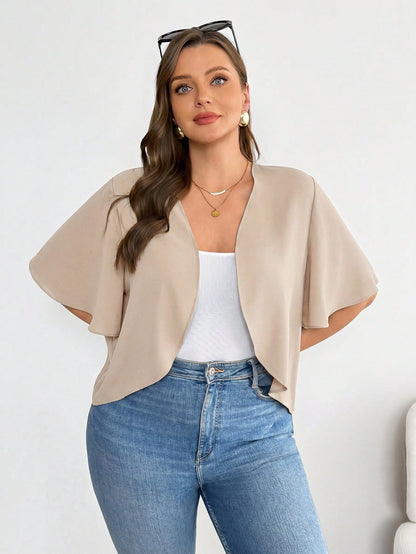 Essnce Plus-Size Women's Elegant Semi Formal Short-Sleeved Cardigan,Casual Comfortable Basic Versatile Summer Coats,Autumn Office Wear Vacation Outfits Tops