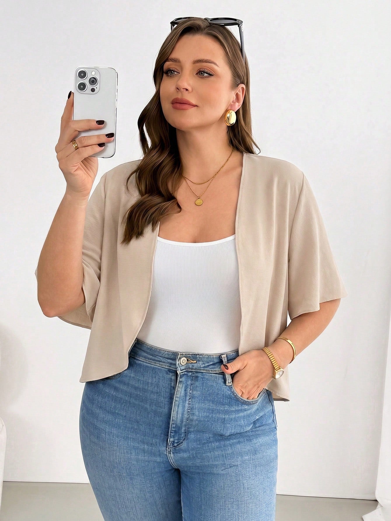 Essnce Plus-Size Women's Elegant Semi Formal Short-Sleeved Cardigan,Casual Comfortable Basic Versatile Summer Coats,Autumn Office Wear Vacation Outfits Tops