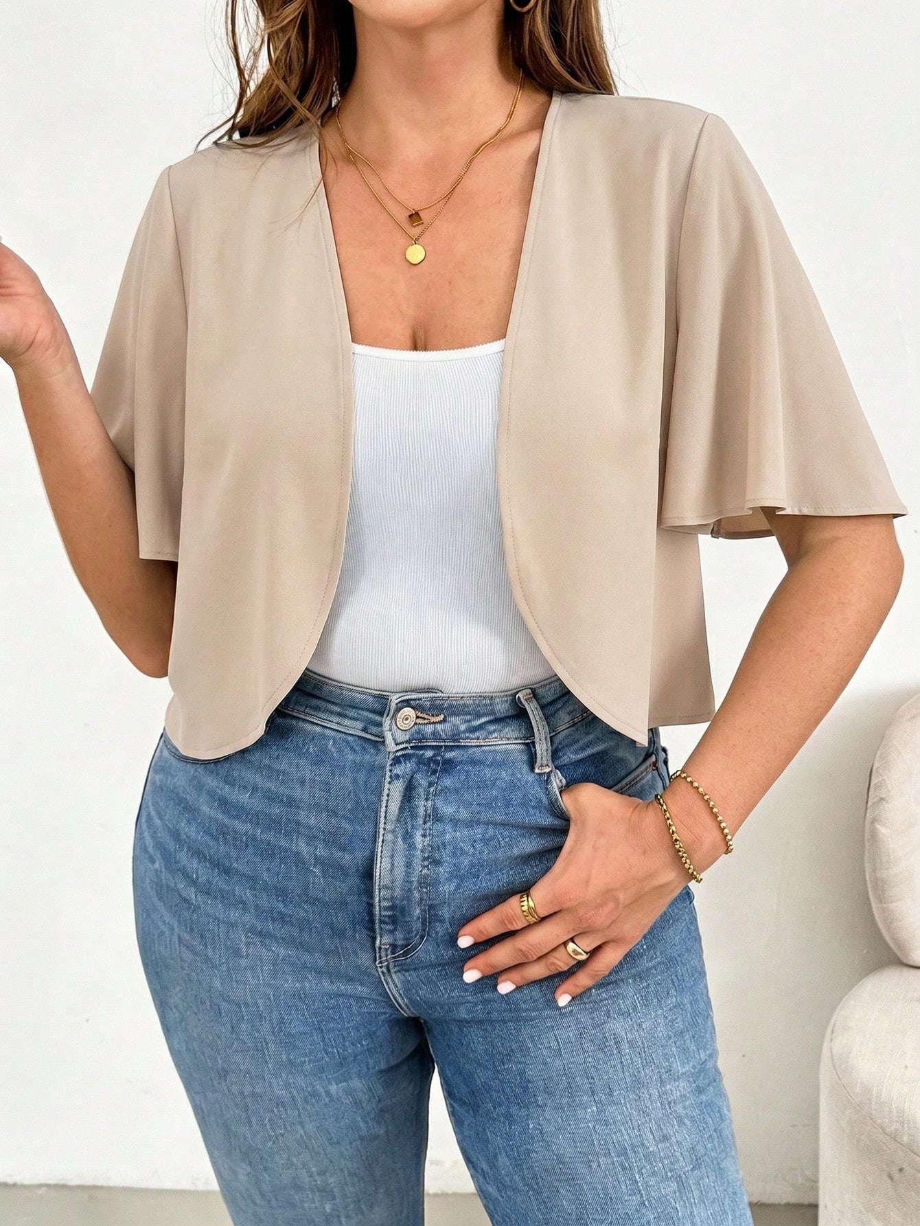 Essnce Plus-Size Women's Elegant Semi Formal Short-Sleeved Cardigan,Casual Comfortable Basic Versatile Summer Coats,Autumn Office Wear Vacation Outfits Tops