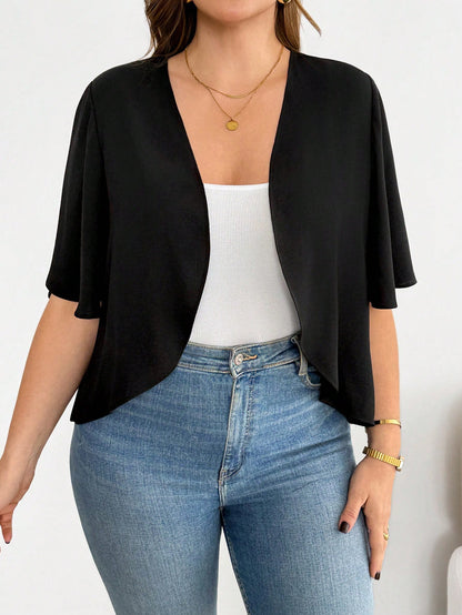 Essnce Plus-Size Women's Elegant Semi Formal Short-Sleeved Cardigan,Casual Comfortable Basic Versatile Summer Coats,Autumn Office Wear Vacation Outfits Tops