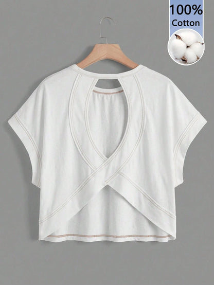 Essnce Women's Casual Round Neck Backless Asymmetrical Hem Loose Sleeveless T-Shirt, 100% Cotton, Suitable For Summer