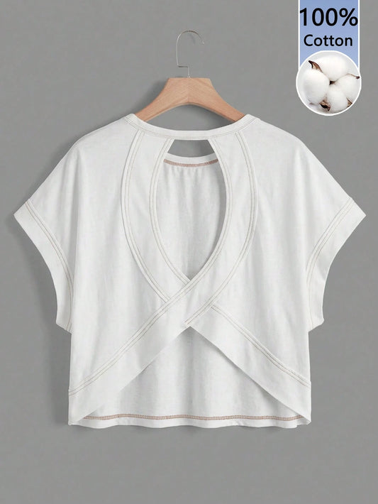 Essnce Women's Casual Round Neck Backless Asymmetrical Hem Loose Sleeveless T-Shirt, 100% Cotton, Suitable For Summer