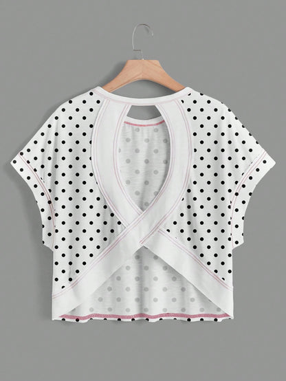 Essnce Women's White With Black Polka Dots,Summer,Casual,Cute,Vacation Round Neck Backless Vintage Asymmetrical Hem Loose Sleeveless Chic T-Shirt Top