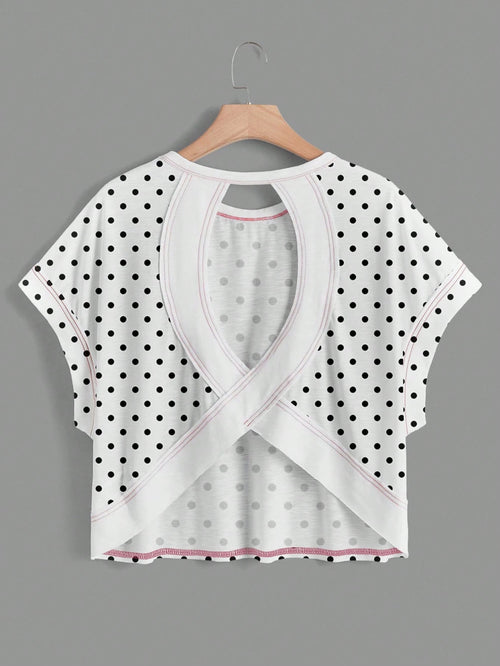Essnce Women's White With Black Polka Dots,Summer,Casual,Cute,Vacation Round Neck Backless Vintage Asymmetrical Hem Loose Sleeveless Chic T-Shirt Top