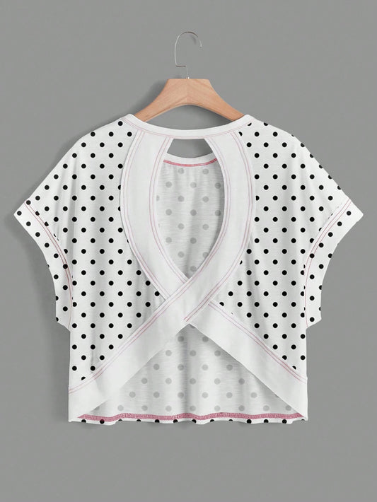 Essnce Women's White With Black Polka Dots,Summer,Casual,Cute,Vacation Round Neck Backless Vintage Asymmetrical Hem Loose Sleeveless Chic T-Shirt Top