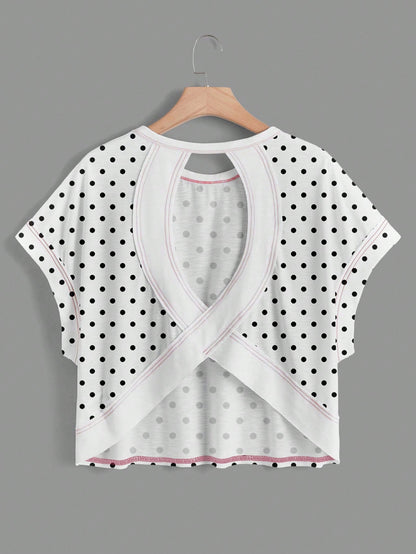 Essnce Women's White With Black Polka Dots,Summer,Casual,Cute,Vacation Round Neck Backless Vintage Asymmetrical Hem Loose Sleeveless Chic T-Shirt Top
