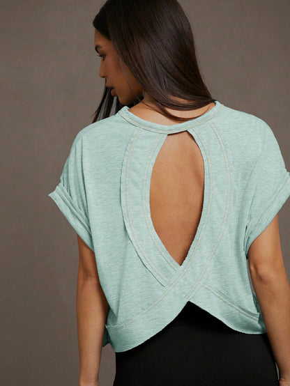 Essnce Women Summer Solid Color Round Neck Batwing Short Sleeve Loose Casual T-Shirt With Hollowed Back