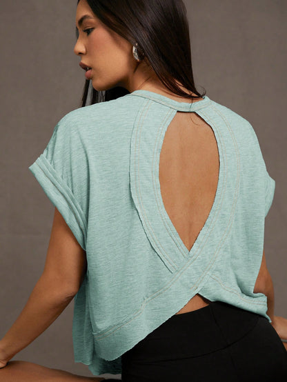 Essnce Women Summer Solid Color Round Neck Batwing Short Sleeve Loose Casual T-Shirt With Hollowed Back