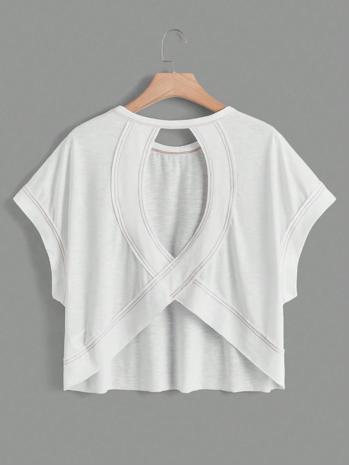 Essnce Women Summer Solid Color Round Neck Batwing Short Sleeve Loose Casual T-Shirt With Hollowed Back