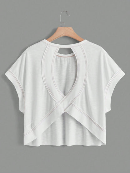 Essnce Women Summer Solid Color Round Neck Batwing Short Sleeve Loose Casual T-Shirt With Hollowed Back