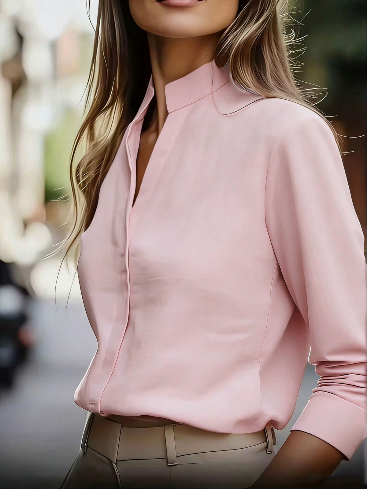 European And American Fashion Minimalist Solid Color Commuter Shirt, Satin Collar Design, Long Sleeve Slim Fit Elegant Blouse Pink Spring