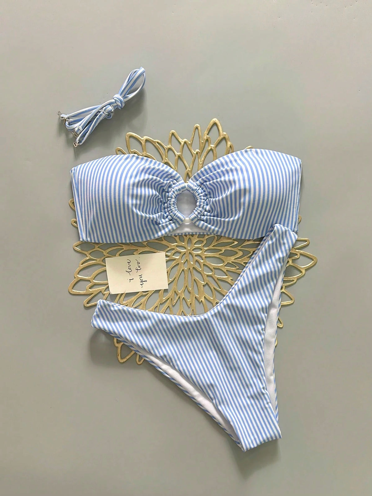 European And American Sexy Blue And White Striped Vacation Style High-End Bandeau Bikini 2 Pieces Set Beach Summer