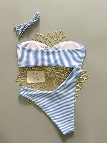 European And American Sexy Blue And White Striped Vacation Style High-End Bandeau Bikini 2 Pieces Set Beach Summer