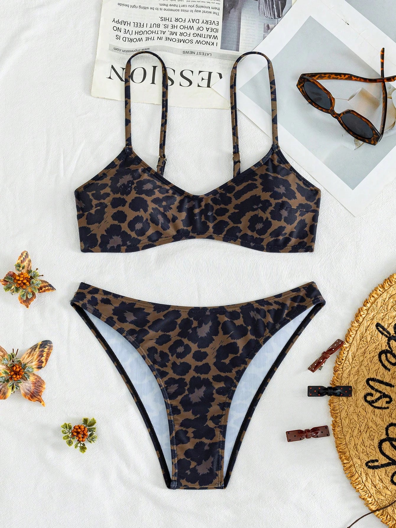 European And American Women's Sexy Leopard Print Fine Straps Bikini 2 Pieces Set, Perfect For Summer Vacation Swimming Beach