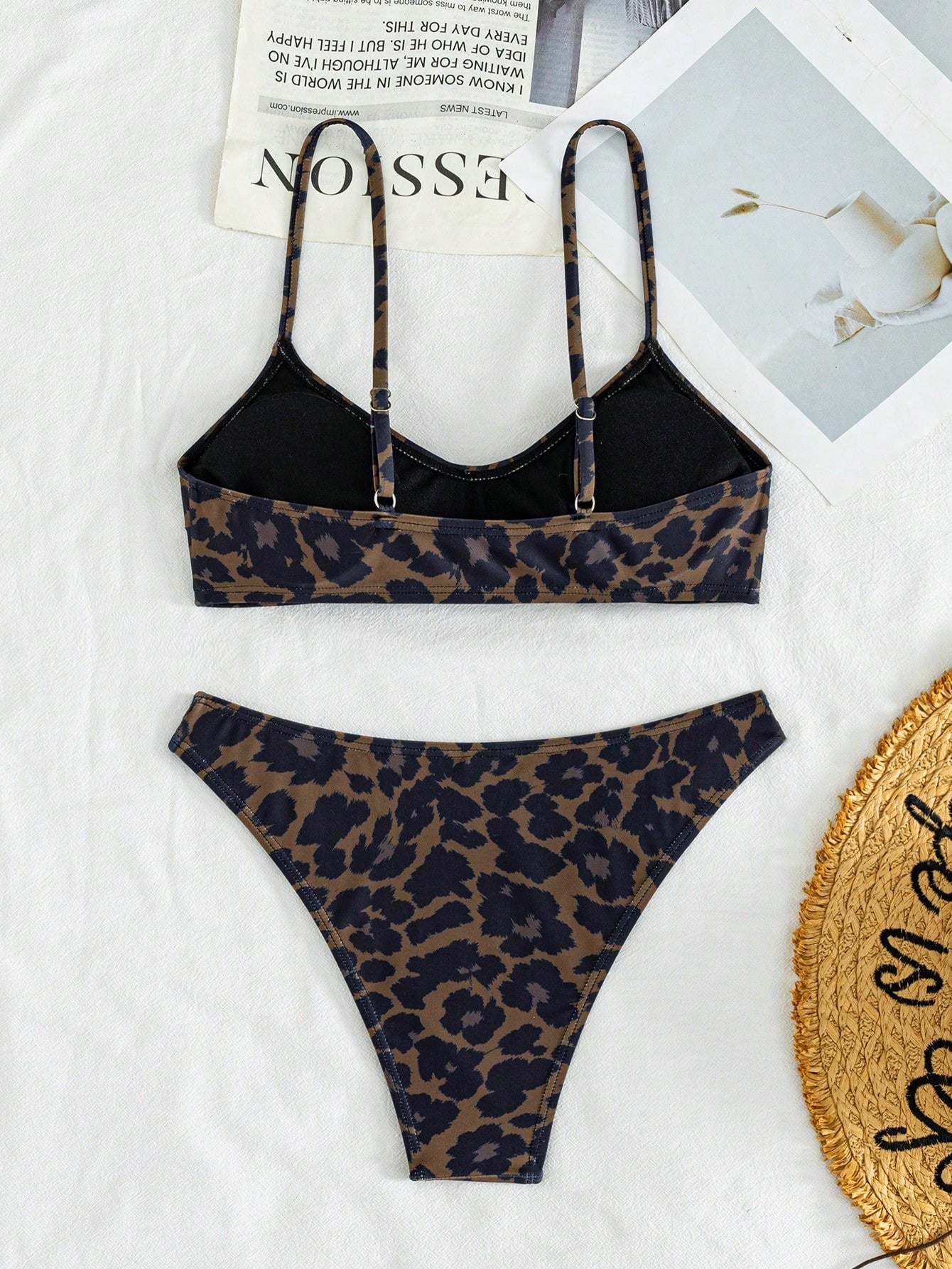 European And American Women's Sexy Leopard Print Fine Straps Bikini 2 Pieces Set, Perfect For Summer Vacation Swimming Beach