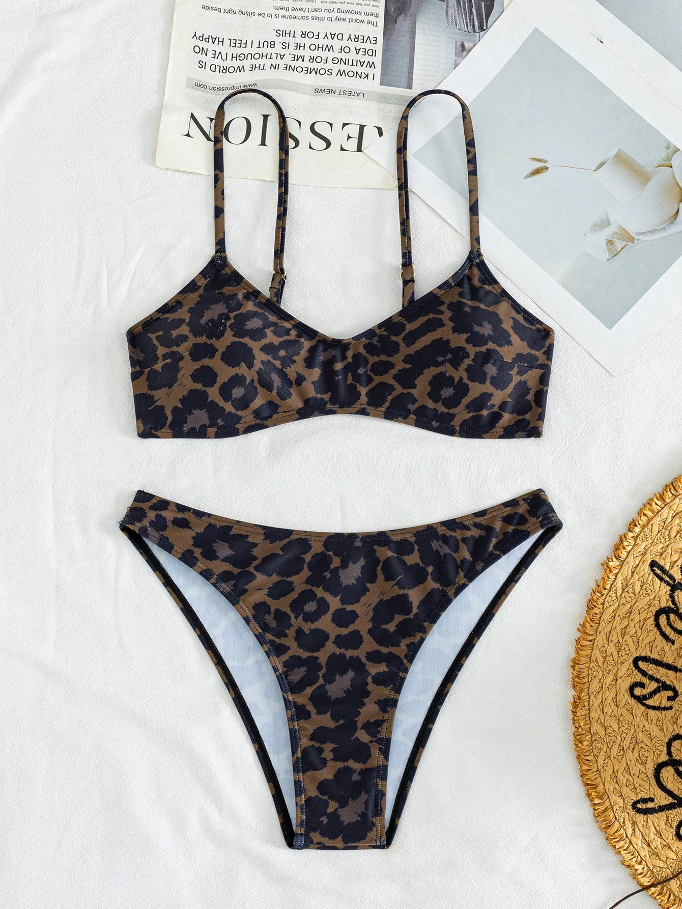 European And American Women's Sexy Leopard Print Fine Straps Bikini 2 Pieces Set, Perfect For Summer Vacation Swimming Beach