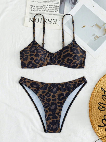 European And American Women's Sexy Leopard Print Fine Straps Bikini 2 Pieces Set, Perfect For Summer Vacation Swimming Beach