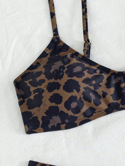 European And American Women's Sexy Leopard Print Fine Straps Bikini 2 Pieces Set, Perfect For Summer Vacation Swimming Beach