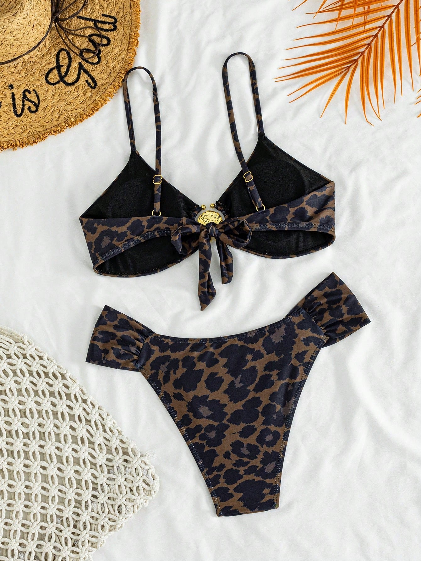 European And American Women's Sexy Leopard Print Fine Straps With Metal Accessories Bikini 2 Pieces Set Vacation