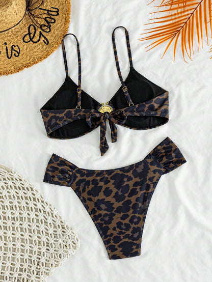 European And American Women's Sexy Leopard Print Fine Straps With Metal Accessories Bikini 2 Pieces Set Vacation