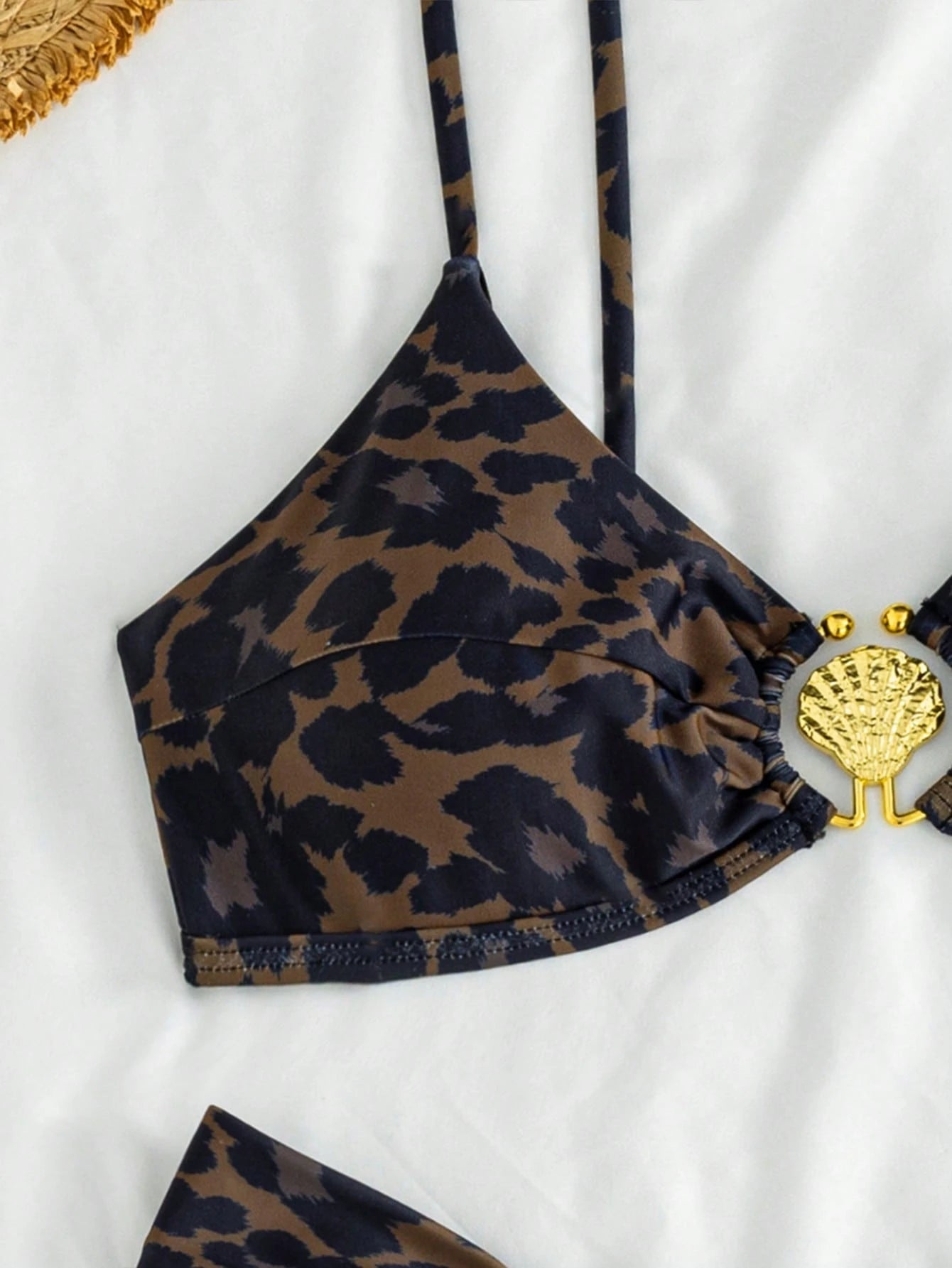 European And American Women's Sexy Leopard Print Fine Straps With Metal Accessories Bikini 2 Pieces Set Vacation