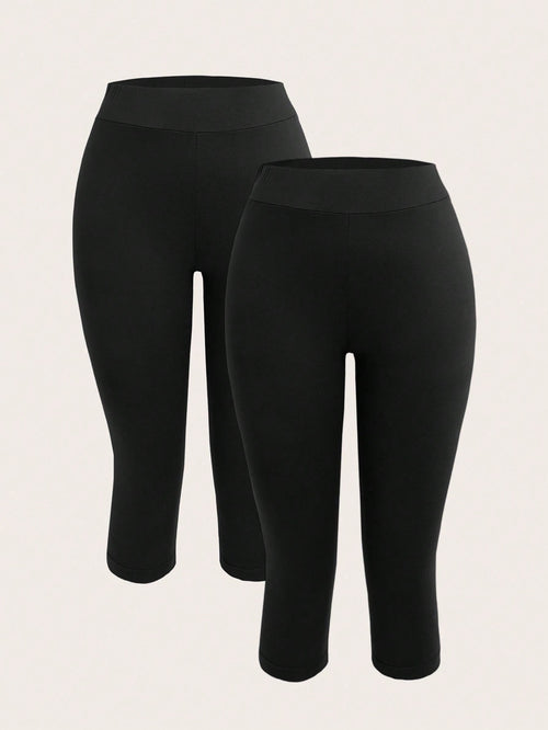 EZwear 2pcs Women's Black Capri Length Skinny Casual Leggings, Suitable For Summer Capris Women Set Biker Shorts Curve Two Pieces