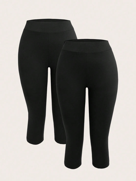 EZwear 2pcs Women's Black Capri Length Skinny Casual Leggings, Suitable For Summer Capris Women Set Biker Shorts Curve Two Pieces