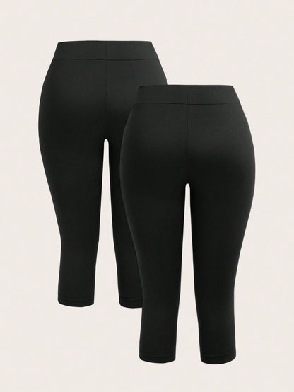 EZwear 2pcs Women's Black Capri Length Skinny Casual Leggings, Suitable For Summer Capris Women Set Biker Shorts Curve Two Pieces