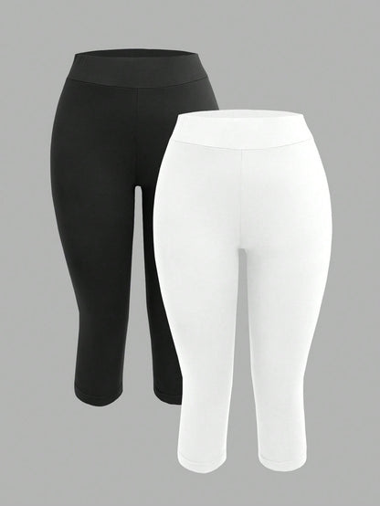 EZwear 2pcs Women's Black Capri Length Skinny Casual Leggings, Suitable For Summer Capris Women Set Biker Shorts Curve Two Pieces
