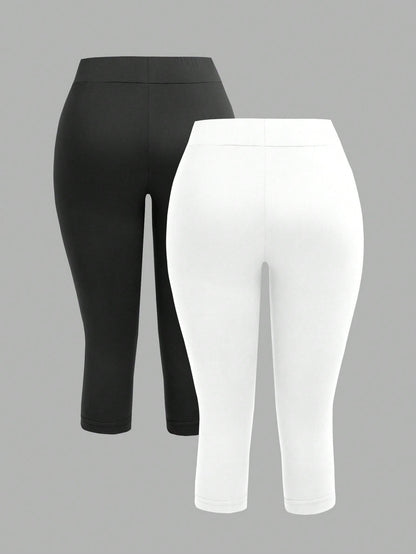 EZwear 2pcs Women's Black Capri Length Skinny Casual Leggings, Suitable For Summer Capris Women Set Biker Shorts Curve Two Pieces