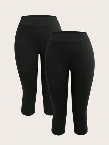 EZwear 2pcs Women's Black Capri Length Skinny Casual Leggings, Suitable For Summer Capris Women Set Biker Shorts Curve Two Pieces