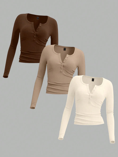 EZwear 3 Pcs/Set Plus Size Women's Tri-Color Knit T-Shirt In Brown, Khaki And Apricot, Suitable For Autumn/Winter Fall